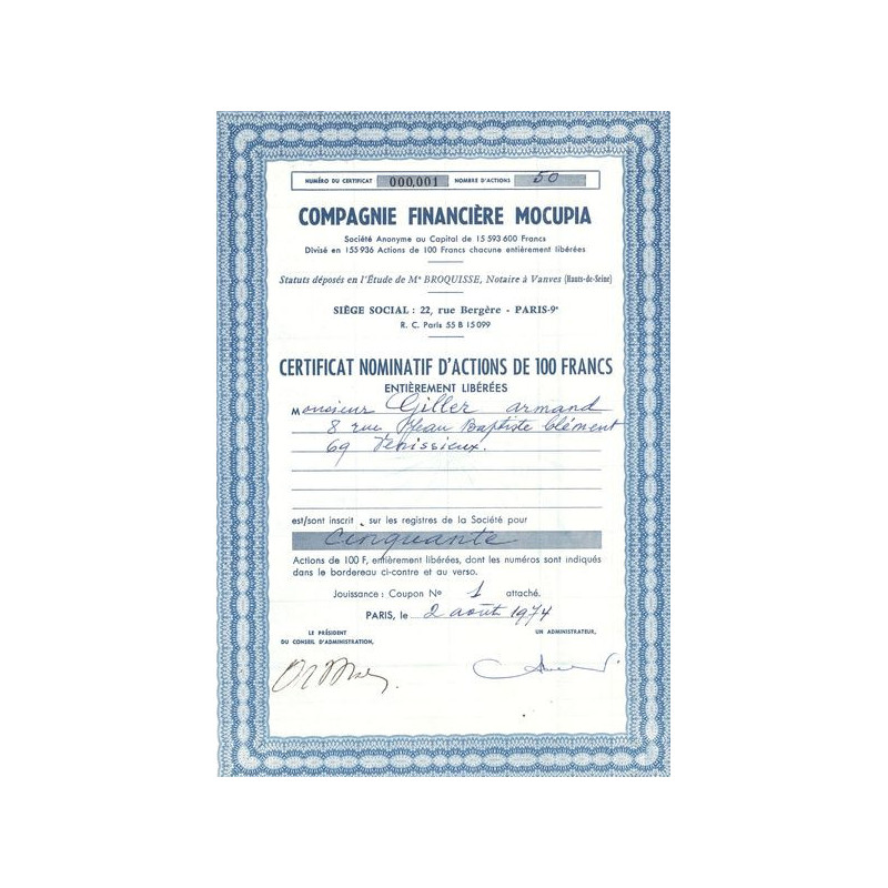 Cie Financière Mocupia (CN Act 100F) Bleu