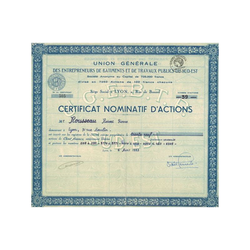 Union Gale des Entrepreneurs de Batiments et de Travaux Publics du Sud Est (CN Act 100F)