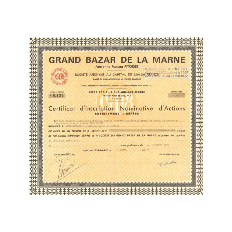 Grand Bazar de la Marne A(ncienne Maison PITOISET) (CN Act 100F)