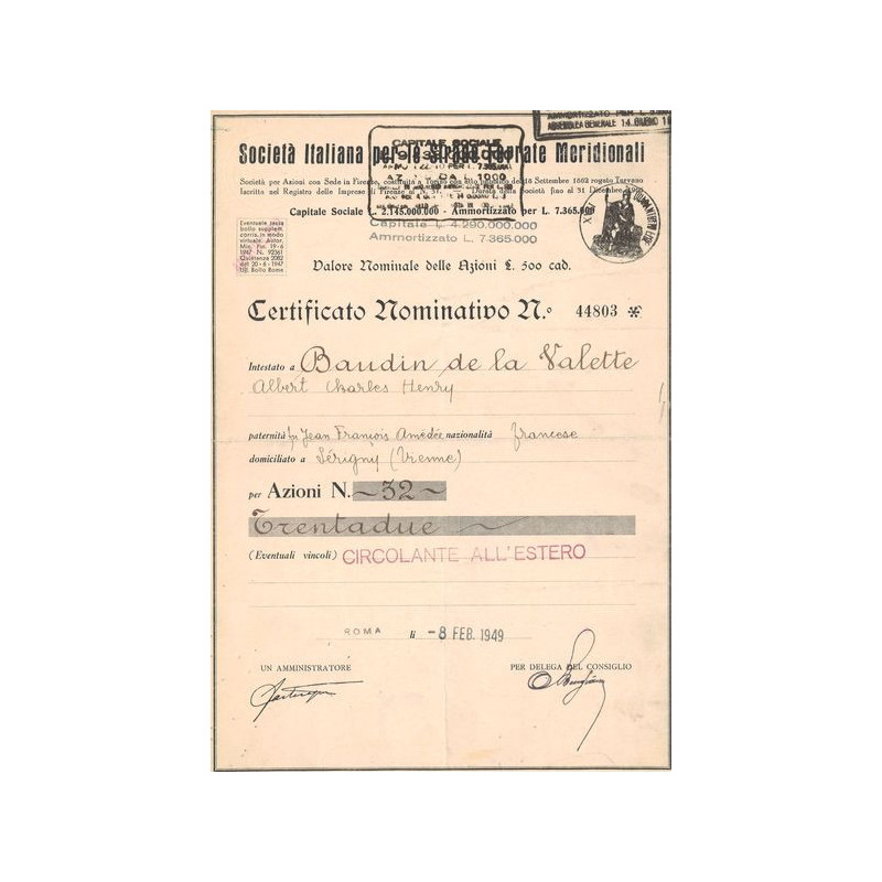 Societa Italiana per le Strade Terrate Meridionali (CN Obl 500£)