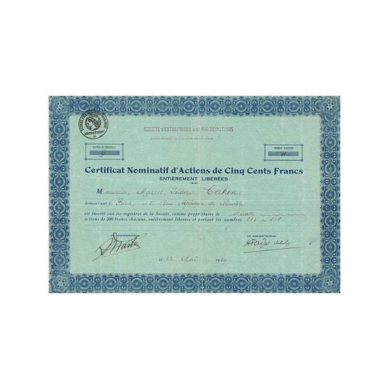 Sté d'Entreprises & de Participations (CN Act 500F)