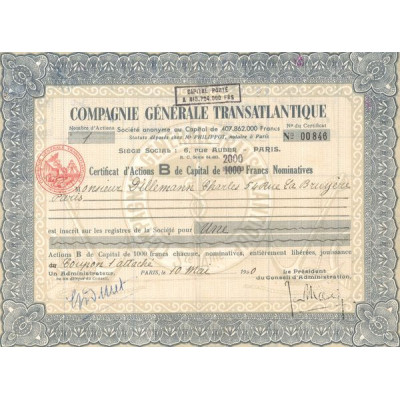 Cie Générale Transatlantique (Certif d'Act B de Capital 1000 F)