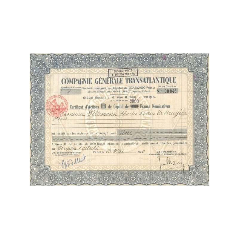 Cie Générale Transatlantique (Certif d'Act B de Capital 1000 F)