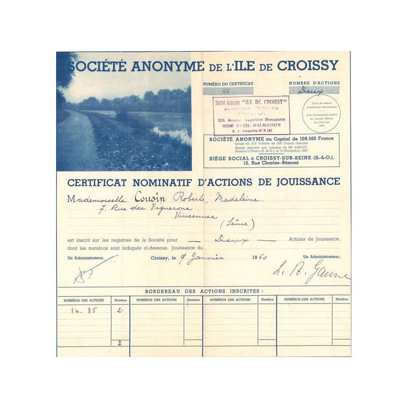 S.A de l'Ile de Croissy (Certif Nomin) Illustrée