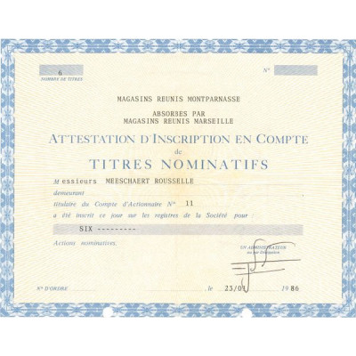 Magasins Réunis Montparnasse - Absorbés par Magasins Réunis Marseille (Certif Nomin)