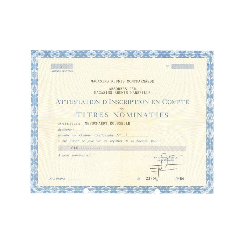 Magasins Réunis Montparnasse - Absorbés par Magasins Réunis Marseille (Certif Nomin)