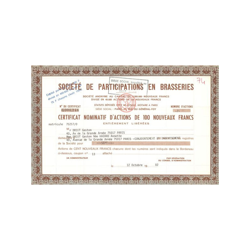 Sté de Participations en Brasseries (CN Act 100NF)