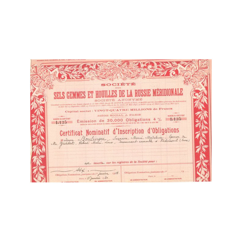 Sté des Sels Gemmes et Houilles de la Russie Méridionale (CN Obl 4%)