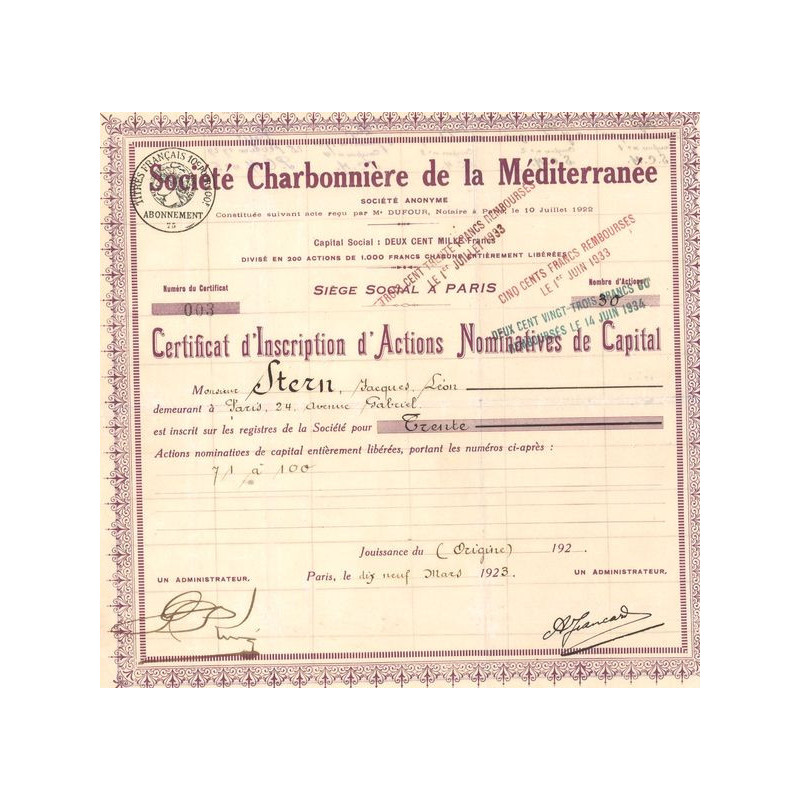 Sté Charbonnière de la Méditerrannée (CN Act 1000F)