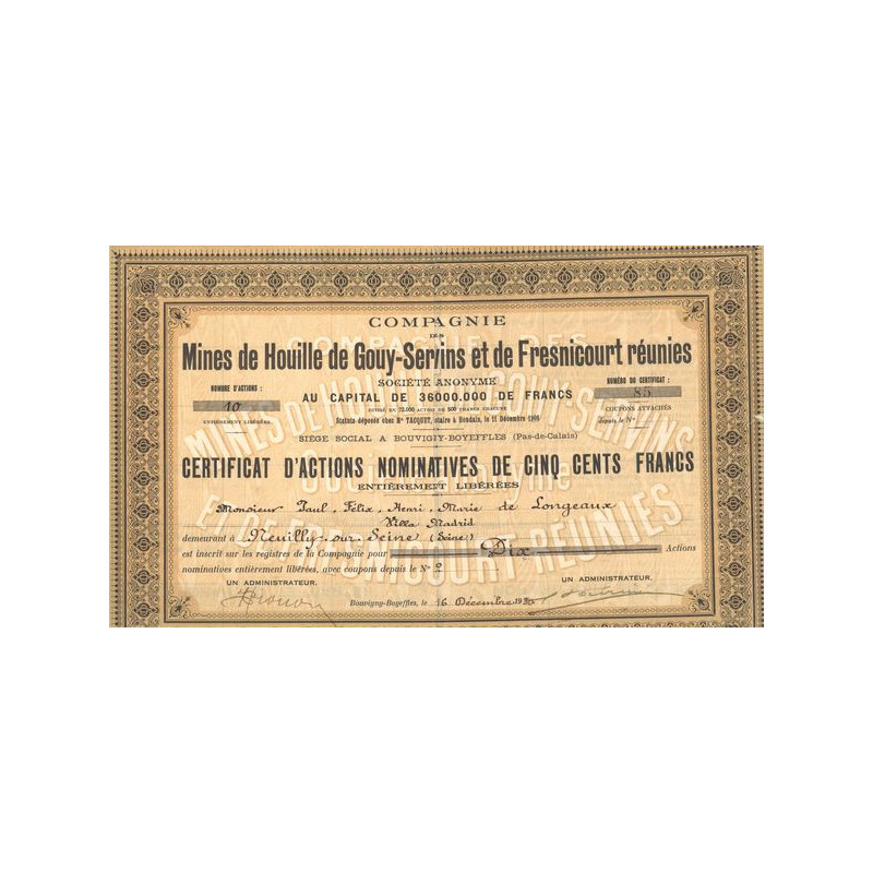 Cie des Mines de Houille de Gouy-Servins et de Fresnicourt Réunies (CN Act 500F)