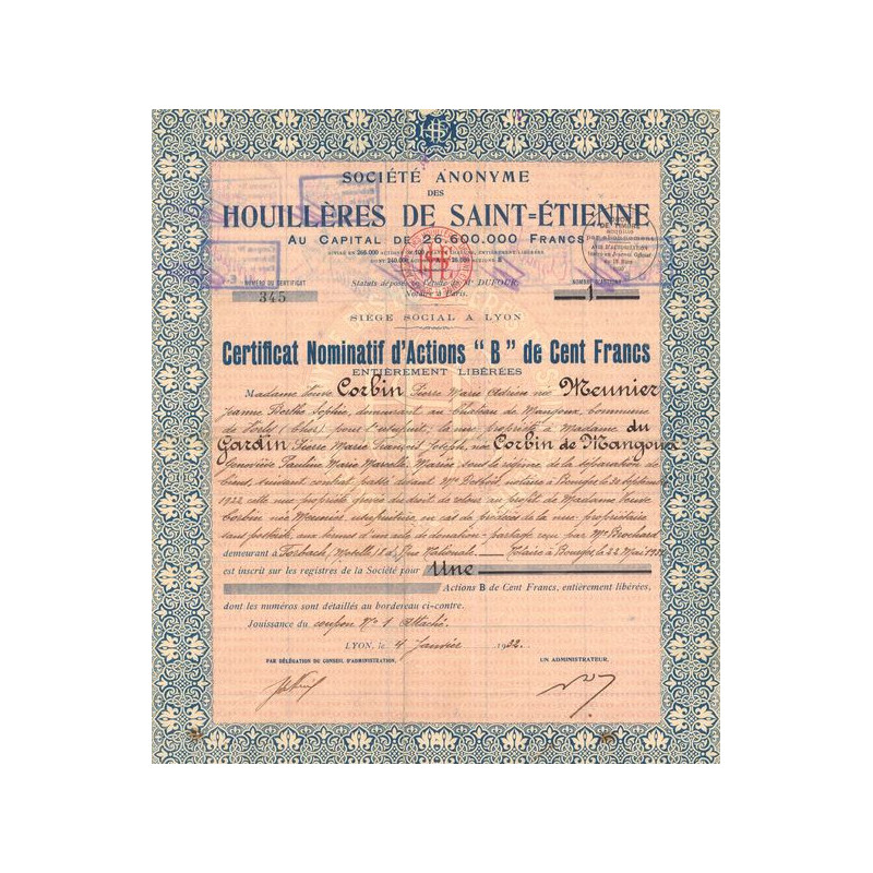 S.A des Houillères de Saint Etienne (CN Act B 100F) Bleu