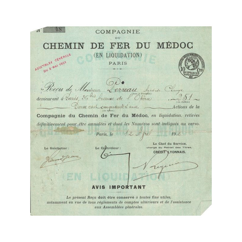 Cie du Chemin de Fer du Médoc (En liquidation) (Certif Nomin)