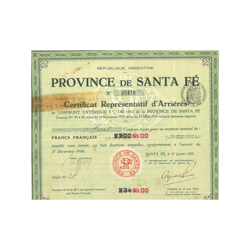Province de Santa Fé (Certif Représentatif d'Arriérés)