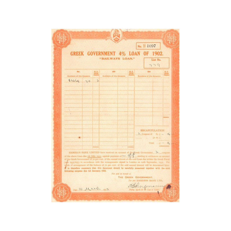 Greek Government 4% Loan of 1902 "Railways Loan" (Orange)