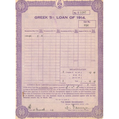 Greek Government 5% Loan of 1914 (Violet)