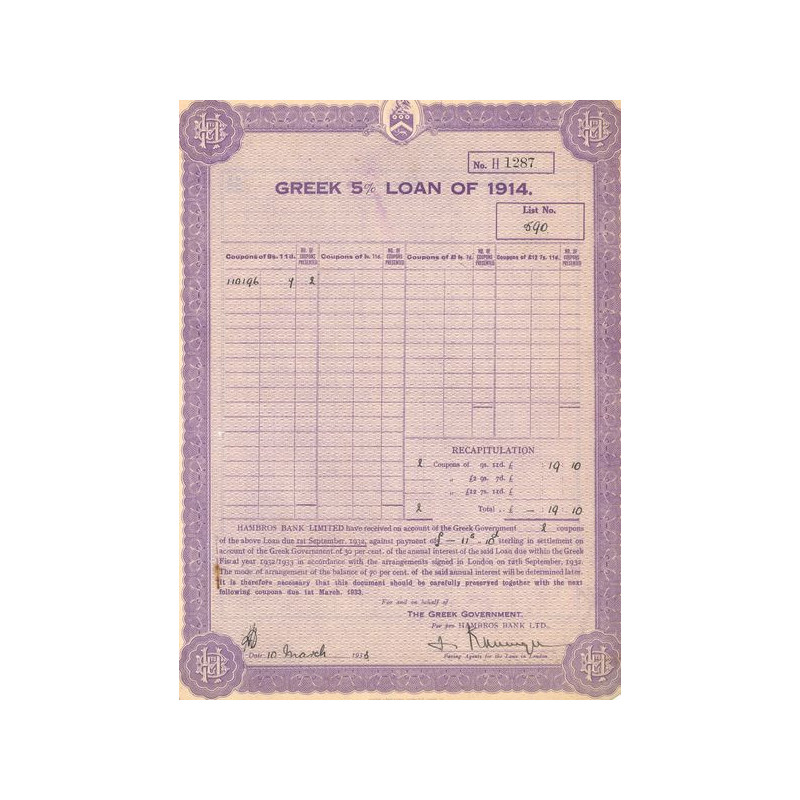 Greek Government 5% Loan of 1914 (Violet)