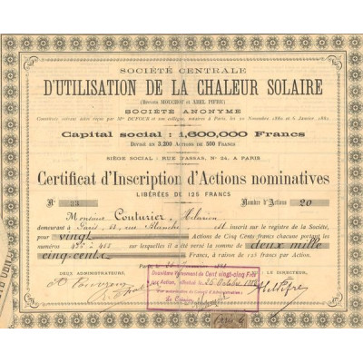 Sté Centrale d'Utilisation de la Chaleur Solaire (Brevets Mouchot et Abel Pifre) (CN Act 500F)