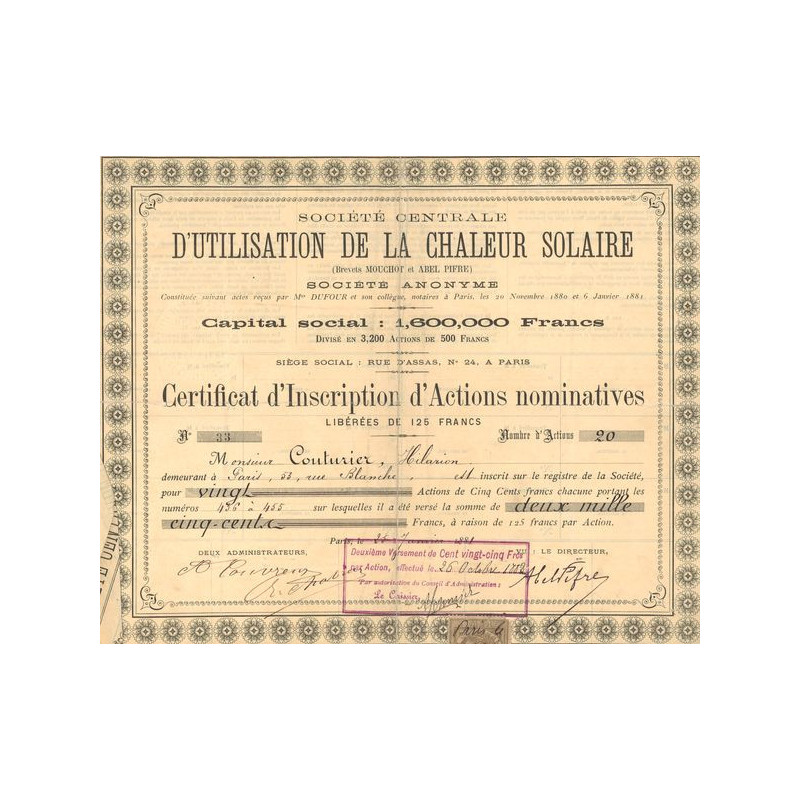 Sté Centrale d'Utilisation de la Chaleur Solaire (Brevets Mouchot et Abel Pifre) (CN Act 500F)