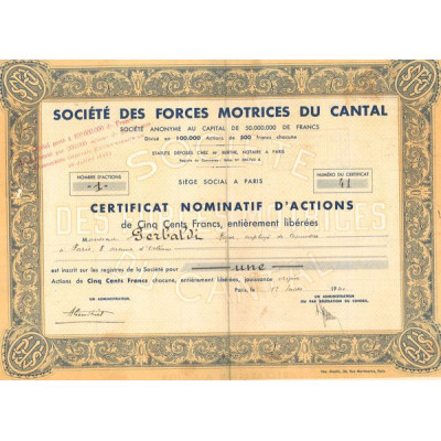 Sté des Forces Motrices du Cantal (CN Act 500F) Grand Jaune