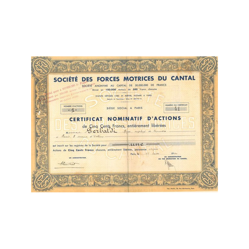 Sté des Forces Motrices du Cantal (CN Act 500F) Grand Jaune