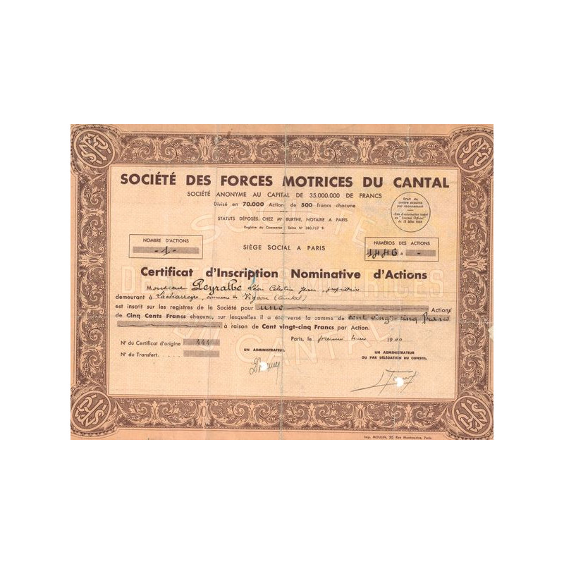 Sté des Forces Motrices du Cantal (CN Act 500F) Grand Marron