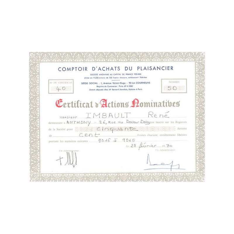 Comptoir d'Achats du Plaisancier (CN Act 100F)