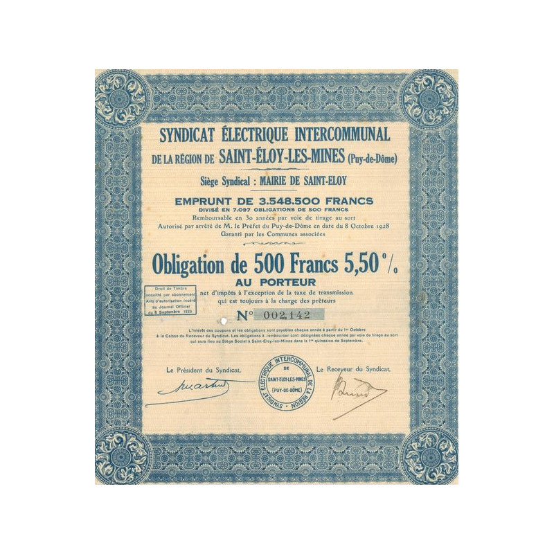 Syndicat Electrique Intercommunal de la Région de Saint-Eloy-Les-Mines (Puy-de-Dôme) (Obl 500F 5.5%)