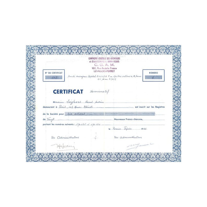 Cie Gale des Ascenseurs et Ets L. Hamm Réunis C.G.A.M. (CN Act 20NF)