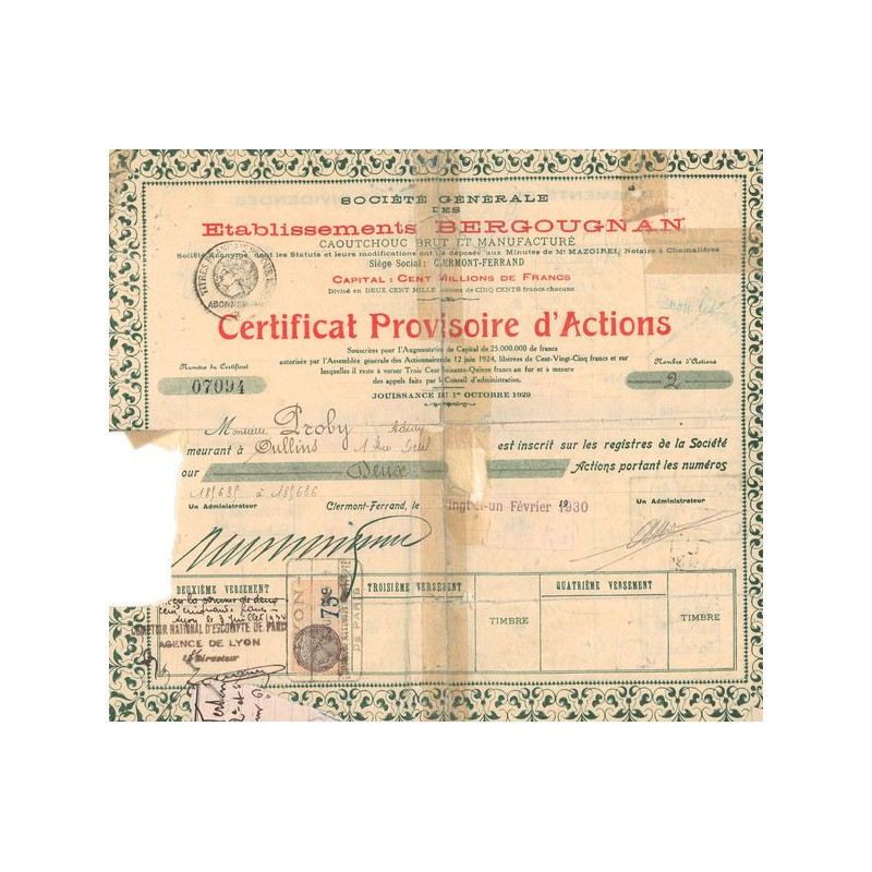 Sté Gale des Ets Bergougnan Caoutchouc Brut et Manufacturé) (CN Provisoire Act 500F)
