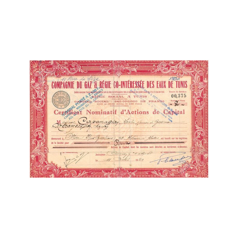 Cie du Gaz & Régie Co-Intéressée des Eaux de Tunis (CN Act 1000F)
