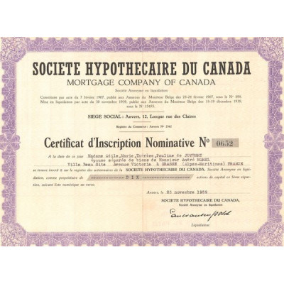 Sté Hypothécaire du Canada - Mortgage Cy of Canada (Certif Nomin)