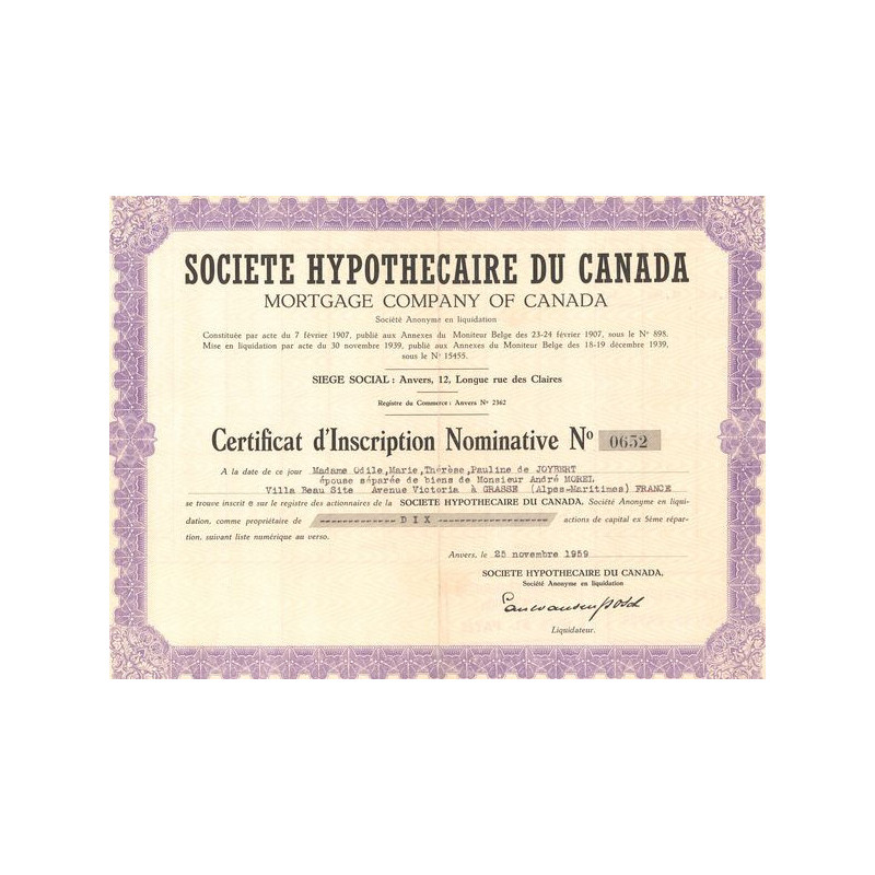 Sté Hypothécaire du Canada - Mortgage Cy of Canada (Certif Nomin)