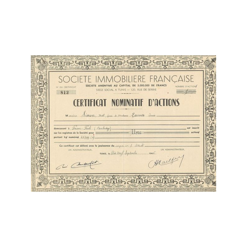 Sté Immobilère Française (Certif Nomin)