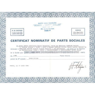 Sté Civile Immobilère "Nimes Saint-Gilles" (CN Parts Sociales 100F)