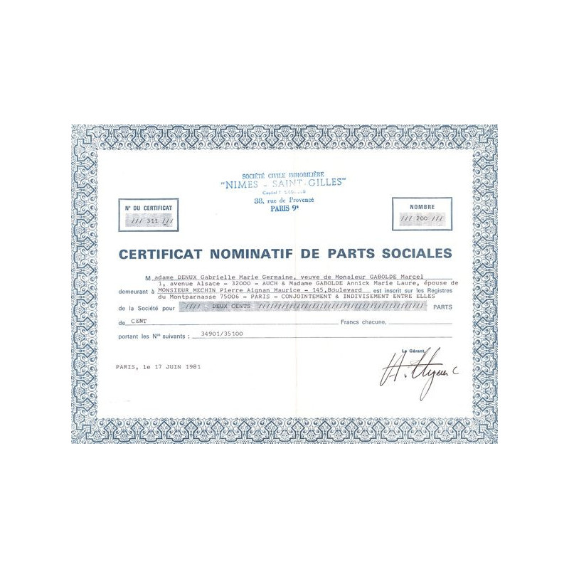 Sté Civile Immobilère "Nimes Saint-Gilles" (CN Parts Sociales 100F)