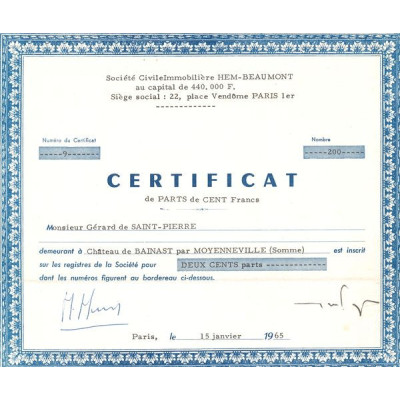 Sté Civile Immobilère Hem-Beaumont (CN Parts 100F)