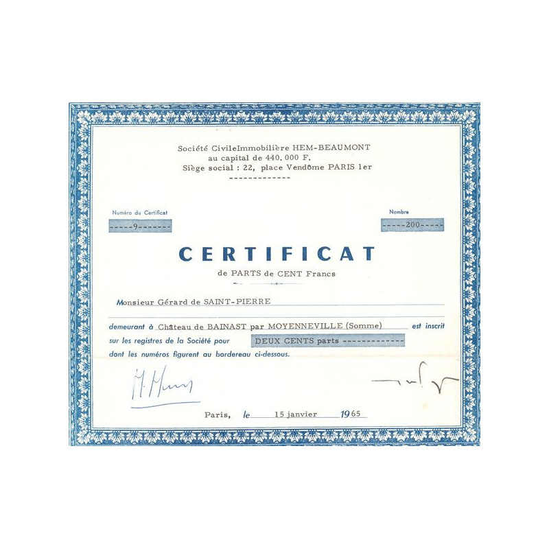 Sté Civile Immobilère Hem-Beaumont (CN Parts 100F)