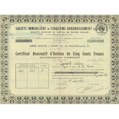 Sté Immobilière du Cinquième Arrondissement de Lyon (Certif Nomin d'Act 500 F)(Modele 2)