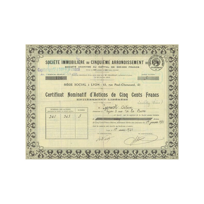 Sté Immobilière du Cinquième Arrondissement de Lyon (Certif Nomin d'Act 500 F)(Modele 2)