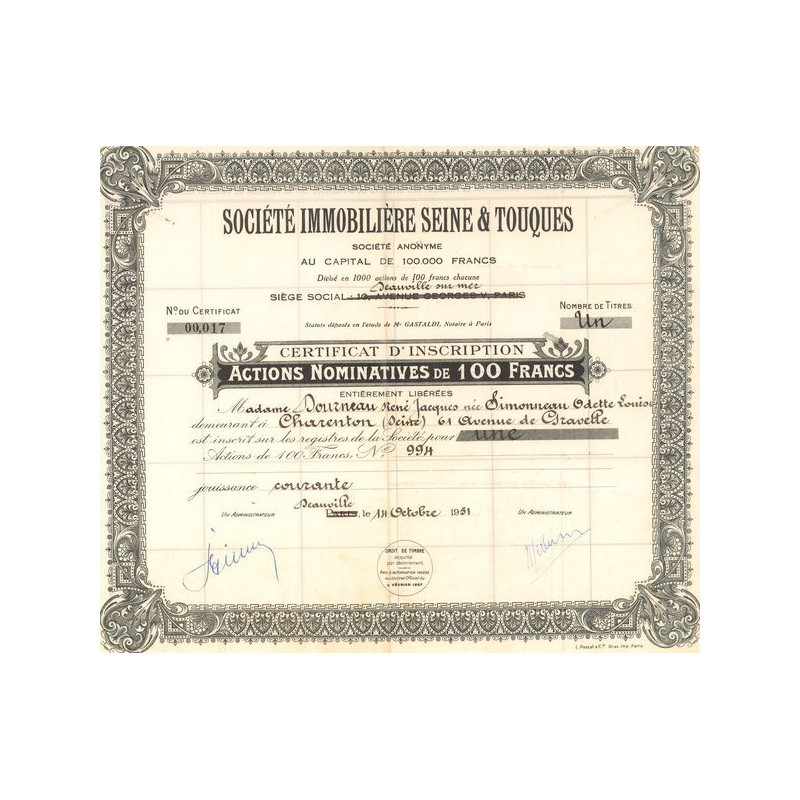 Sté Immobilière Seine & Touques (CN Act 100F)