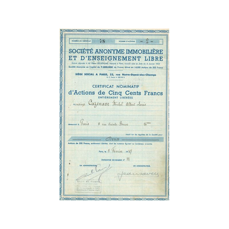 S.A. Immobilière et d'Enseignement Libre (Certif Act 500 F)(Modele 2)