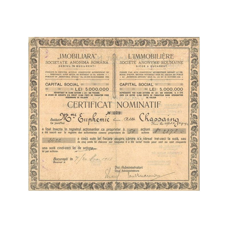 L'Immobilière S.A Roumaine (CN Act 500 Lei)