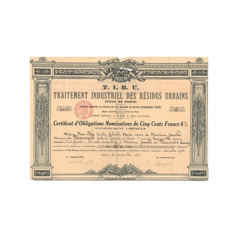 T.I.R.U. Traitement Industriel des Résidus Urbains (Ville de Paris) (CN Act 500F 6%)