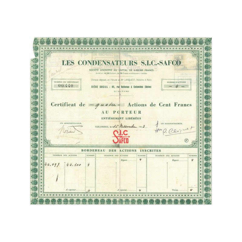 Les Condensateurs S.I.C.-Safco (CN Act 100F)