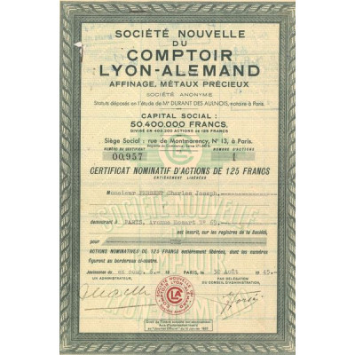 Sté Nouvelle du Comptoir Lyon-Alemand - Affinage Métaux Précieux(CN Act 125F)