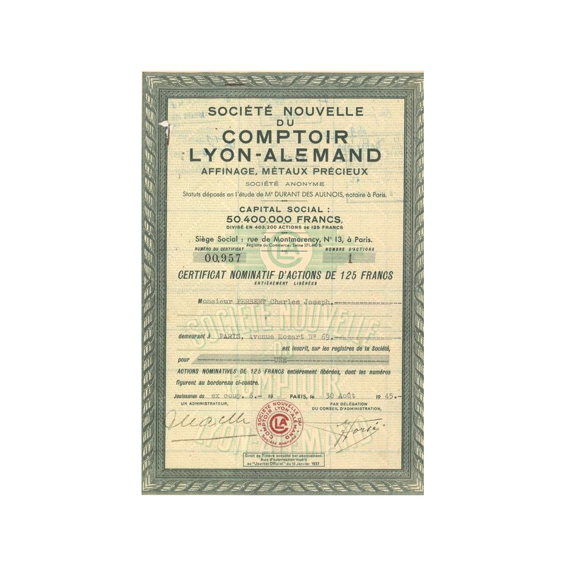 Sté Nouvelle du Comptoir Lyon-Alemand - Affinage Métaux Précieux(CN Act 125F)