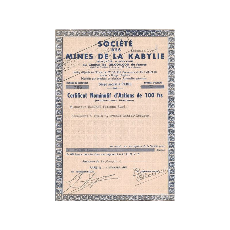 Sté des Mines de la Kabylie (CN Act 100F)