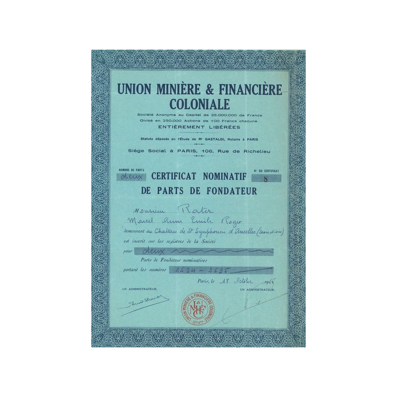 Union Minière & Financière Coloniale (CN PF 100F)