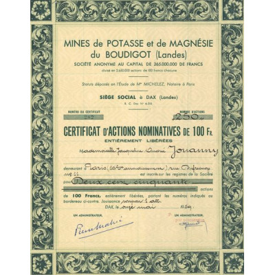 Mines de Potasse et de Magnésie du Boudigot (CN Act 100F)