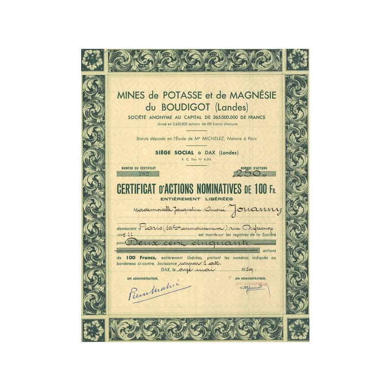 Mines de Potasse et de Magnésie du Boudigot (CN Act 100F)